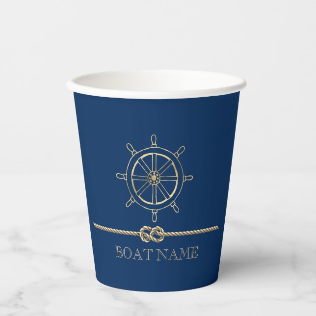 Nautical Gold Boat Wheel,Navy Blue  Paper Cups (Front)