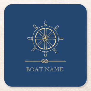 Nautical Gold Boat Wheel,Navy Blue    Square Paper Coaster