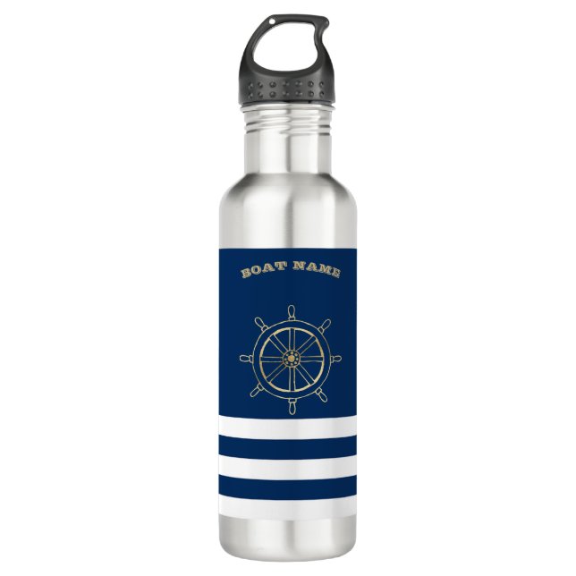 Nautical,Gold Boat Wheel, Navy Blue Stripes    710 Ml Water Bottle (Front)