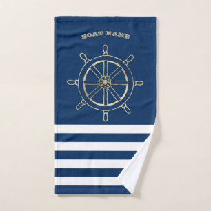 Nautical,Gold Boat Wheel, Navy Blue Stripes Bath Towel Set