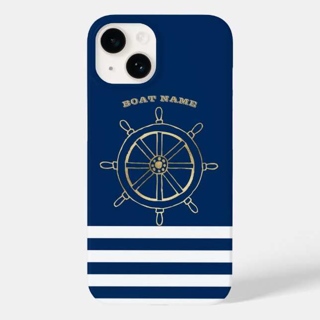 Nautical,Gold Boat Wheel, Navy Blue Stripes  Case-Mate iPhone Case (Back)
