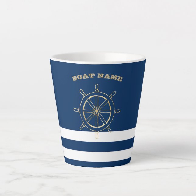 Nautical,Gold Boat Wheel, Navy Blue Stripes   Latte Mug (Front)