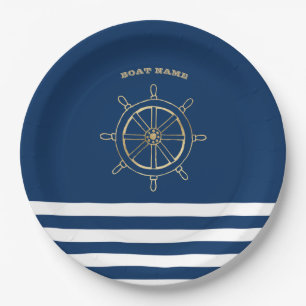 Nautical,Gold Boat Wheel, Navy Blue Stripes Paper Plate