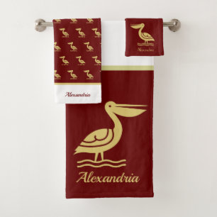 Nautical Gold Burgundy Pelican Coastal Bath Towel Set