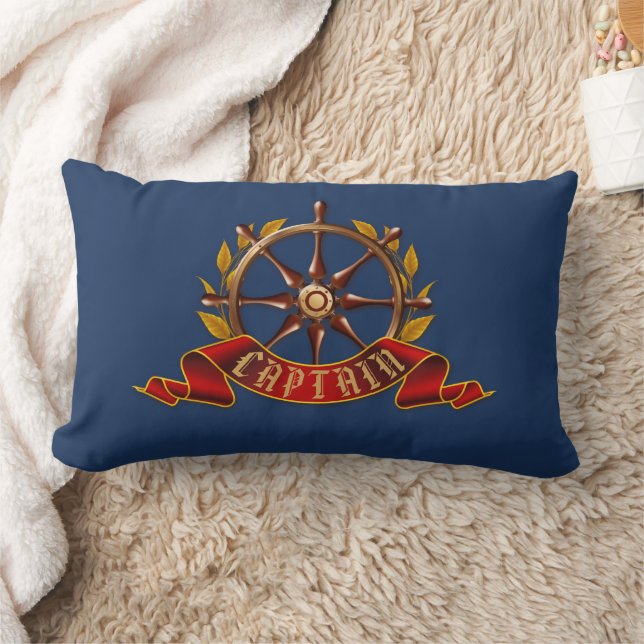 Nautical Gold Captain's Wheel Navy Blue Lumbar Pillow (Blanket)