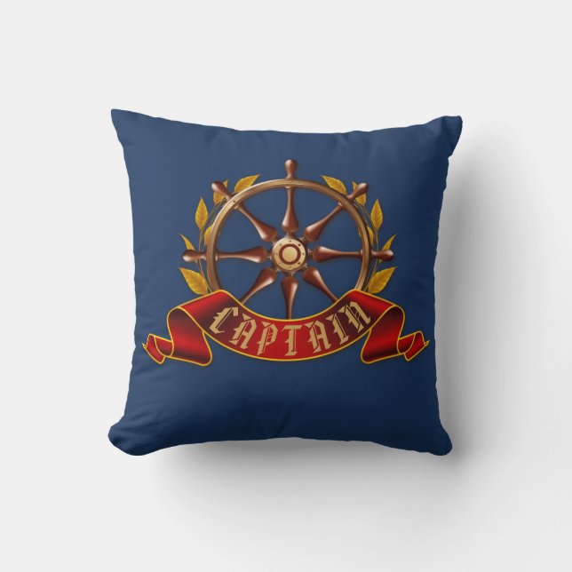 Nautical Gold Captain's Wheel Navy Blue Throw Pillow (Front)