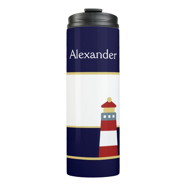 Nautical Gold, Navy Blue Burgundy Maroon Red Light Thermal Tumbler (Front)
