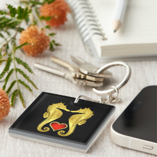 Nautical gold seahorse Celtic red heart/black  Keychain