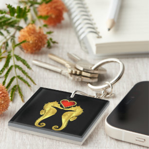 Nautical gold seahorse Celtic red heart/black Keychain