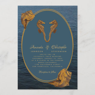 Nautical Gold Seahorses Sea Snails Beach Wedding Invitation