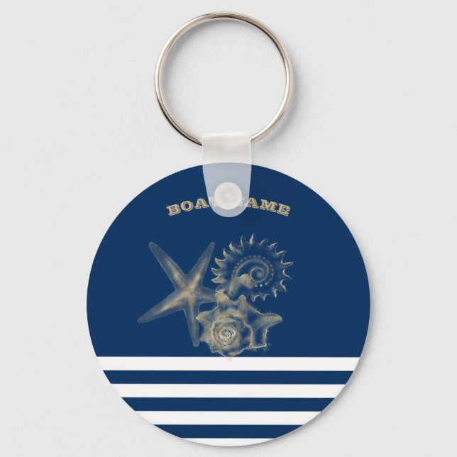 Nautical,Gold Seashells Navy Blue Stripes  Keychain (Front)