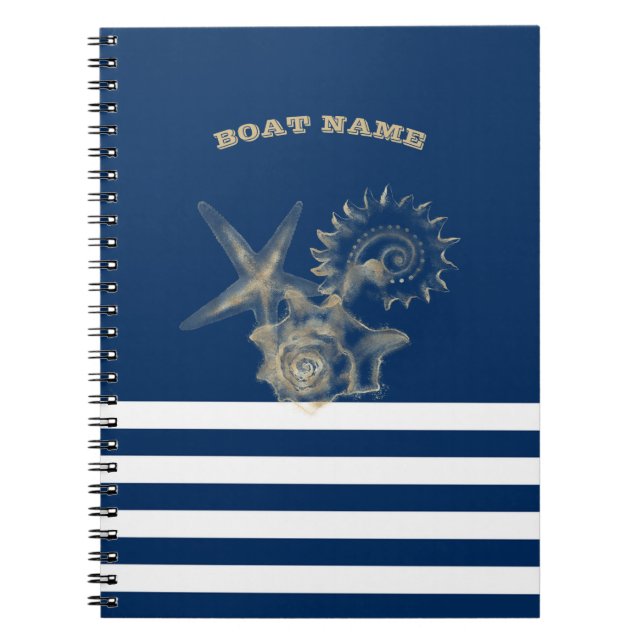Nautical,Gold Seashells Navy Blue Stripes  Notebook (Front)