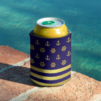 Nautical/gold/ ship anchor and wheel/navy-blue can cooler