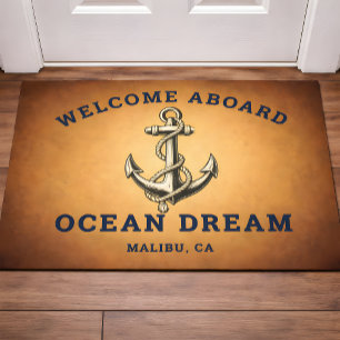 Nautical Gold Welcome Aboard Boat Name Anchor Doormat