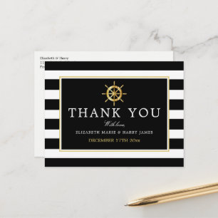 Nautical Gold Wheel, Black/Gold Wedding Thank You Postcard