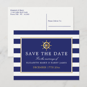 Nautical Gold Wheel, Navy & Gold Save the Date Announcement Postcard