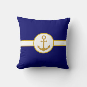 Nautical Golden Anchor on Navy Blue & White Throw Pillow