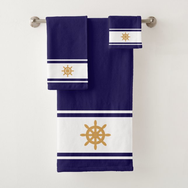 Nautical  golden ship wheel on navy blue & white bath towel set (Insitu)