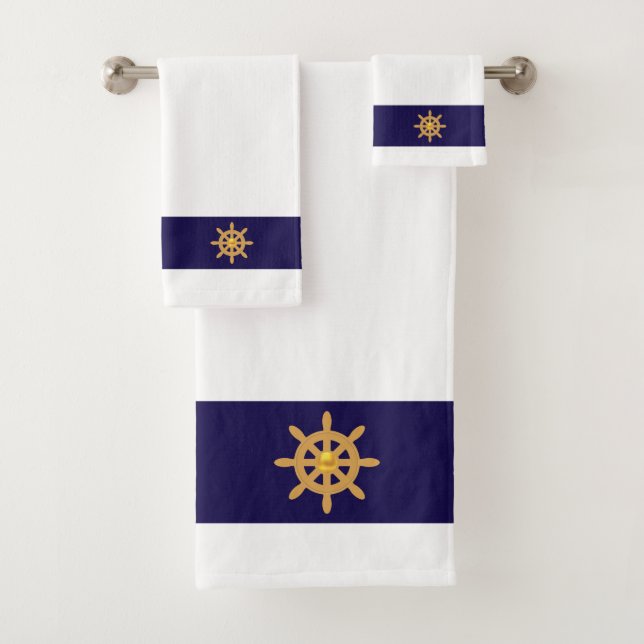 Nautical  golden ship wheel on navy blue & white bath towel set (Insitu)