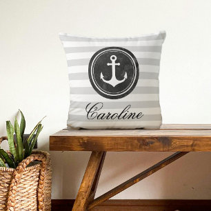 Nautical Gray, Black, White Stripes Anchor Throw Pillow