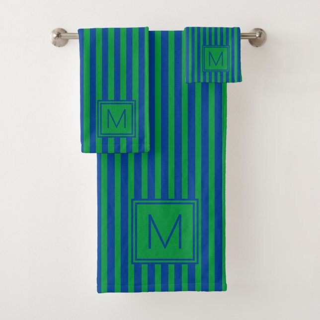 Nautical Green and Navy Blue Stripe Monogram Bath Towel Set (Insitu)