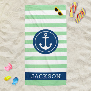 Nautical Green Stripe Anchor Monogram Name Beach Towel
