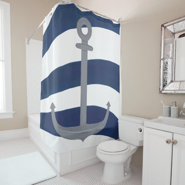 Nautical Grey Anchor Curved Blue and White Stripes (In Situ)
