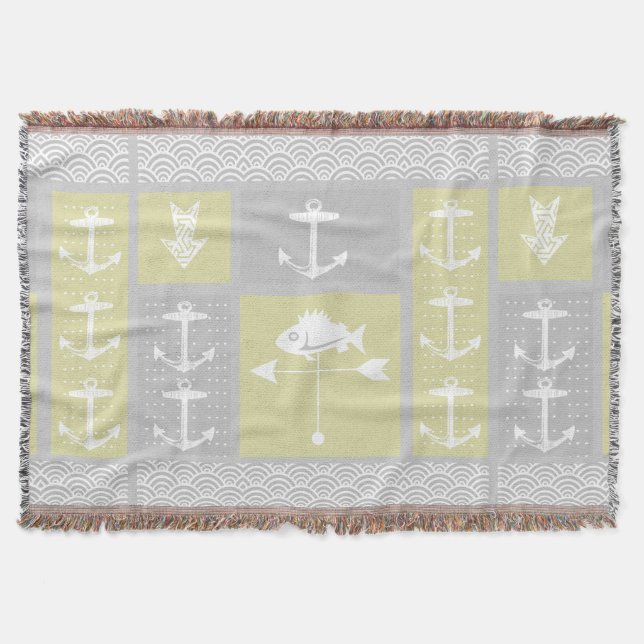 Nautical Grey Anchor Fish Weather Vane Pattern Throw Blanket (Front)