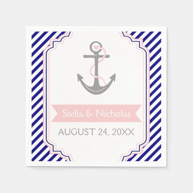 Nautical grey anchor pink navy blue white wedding napkin (Front)