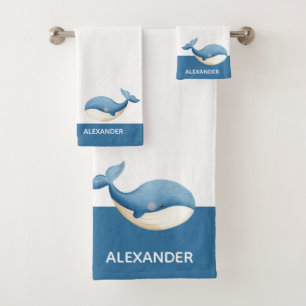 Nautical Grey Blue White Whale  Bath Towel Set