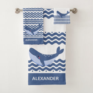 Nautical Grey Blue White Whale Waves Bath Towel Set
