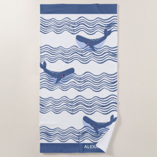 Nautical Grey Blue White Whale Waves  Beach Towel