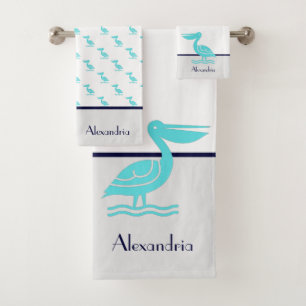 Nautical Grey Navy Blue Teal White Pelican Coastal Bath Towel Set