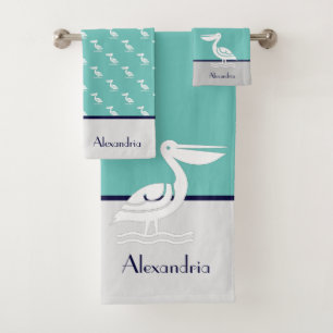 Nautical Grey Navy Blue Teal White Pelican Coastal Bath Towel Set