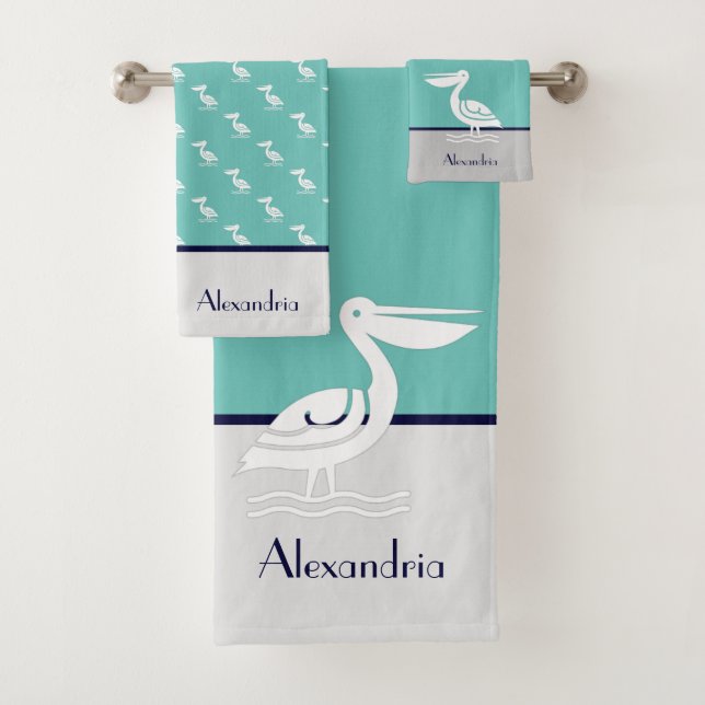 Nautical Grey Navy Blue Teal White Pelican Coastal Bath Towel Set (Insitu)