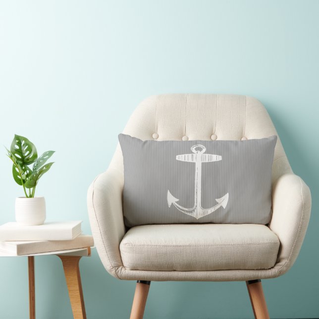 Nautical Grey Striped Anchor Lumbar Pillow (Chair)