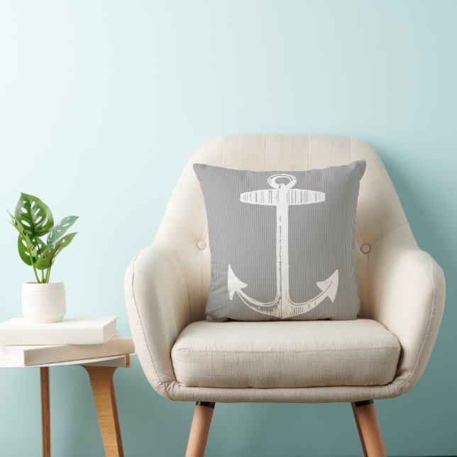 Nautical Grey Striped Anchor Throw Pillow (Chair)