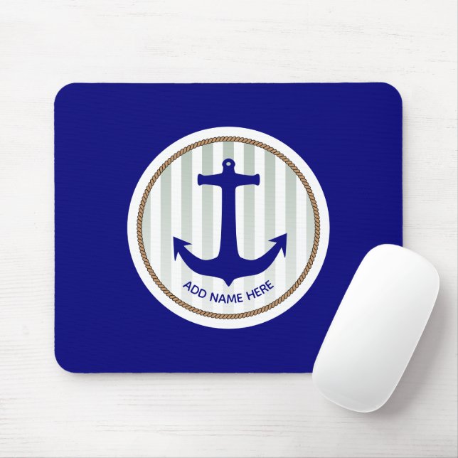 Nautical Grey Stripes and Blue Anchor Mouse Pad (With Mouse)