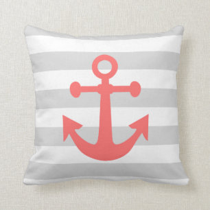 Nautical Grey Stripes Coral Anchor Throw Pillow