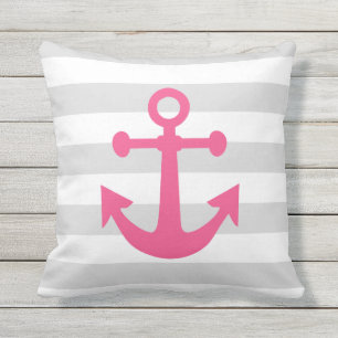 Nautical Grey Stripes Pink Anchor Throw Pillow