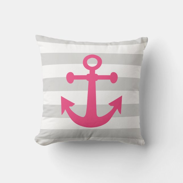 Nautical Grey Stripes Pink Anchor Throw Pillow (Front)