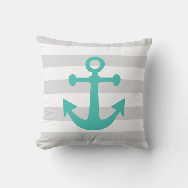 Nautical Grey Stripes Turquoise Anchor Throw Pillow (Front)