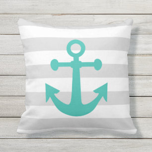 Nautical Grey Stripes Turquoise Anchor Throw Pillow