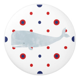 Nautical Grey Watercolor Whale Red Blue Dots Ceramic Knob