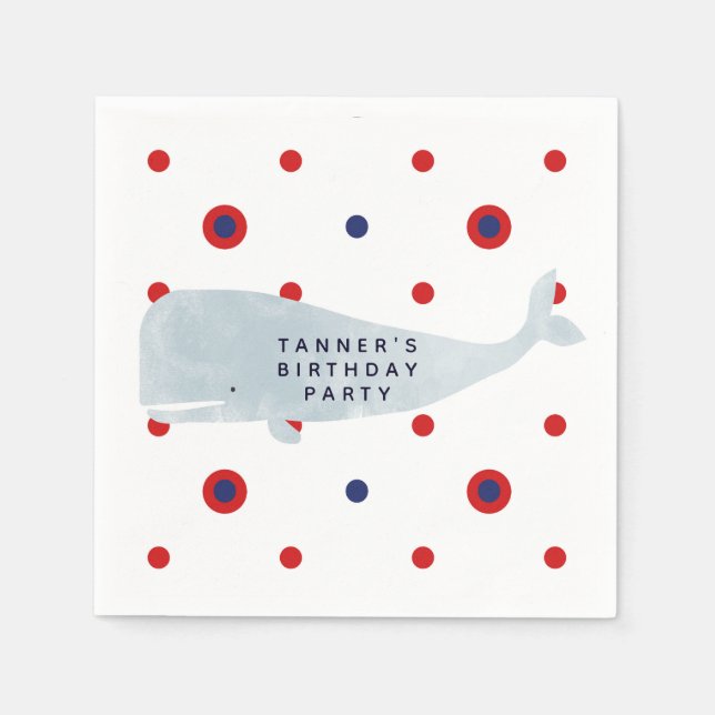 Nautical Grey Watercolor Whale Red Blue Dots Party Napkin (Front)