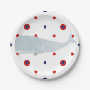 Nautical Grey Watercolor Whale Red Blue Dots Party Paper Plate