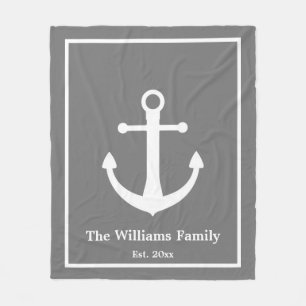 Nautical Grey & White Anchor & Last Name Fleece Blanket