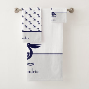 Nautical Grey White and Navy Blue Pelican Bath To Towel Set