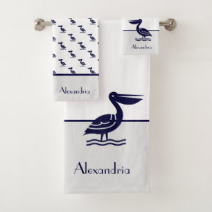 Nautical Grey White and Navy Blue Pelican Bath Towel Set