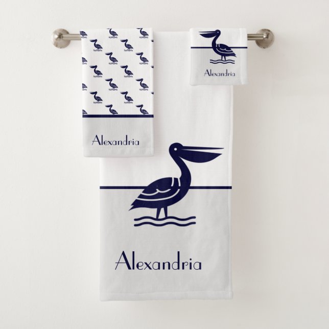 Nautical Grey White and Navy Blue  Pelican Bath Towel Set (Insitu)